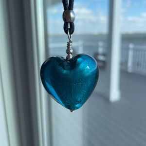 Handmade Teal Colored Foil Lined Glass Heart Necklace on 18” Cord